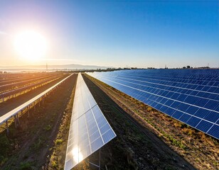 Aerial View of Solar Panel Array Reflecting Sunlight Under Clear Blue Sky Renewable Energy Landscape Green Energy Sustainability
