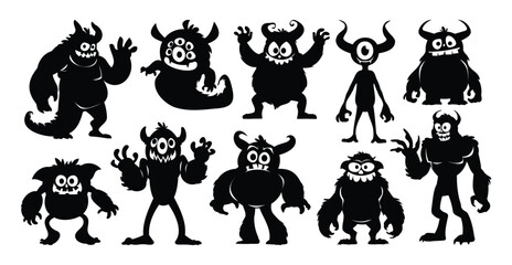 Monster silhouettes set of ten funny and scary creatures with horns, multiple eyes, and sharp teeth. Vector cartoon illustration