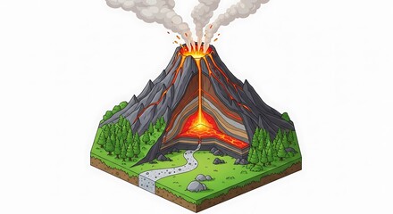 Illustration of a cutaway volcano model showcasing internal structure and eruption process with surrounding nature