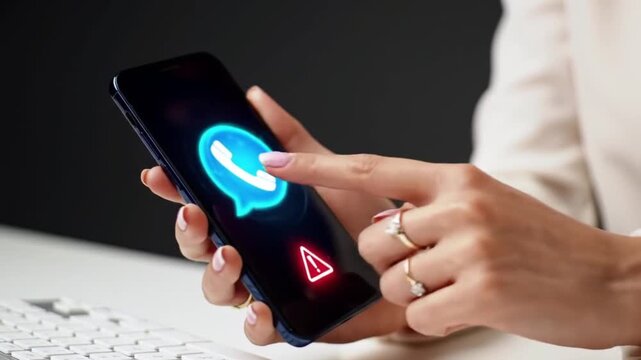 Womans Hand Tapping Smartphone Screen with Glowing Call Icon and Red Warning Symbol, Illustrating Digital Communication Risks and Alerts