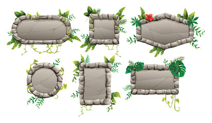 Set of stone frames in different shapes with green jungle leaves and tropical lianas on white background. Vector cartoon illustration