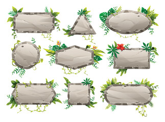 Set of stone frames and banners in various shapes decorated with green jungle leaves and flowers. Vector cartoon illustration
