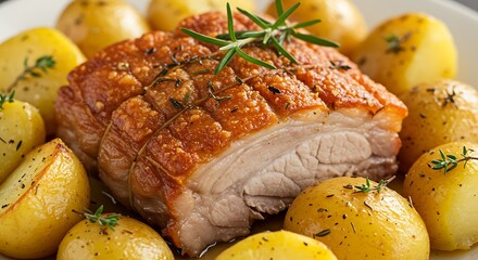 Roasted pork belly with potatoes and herbs displayed on a white plate