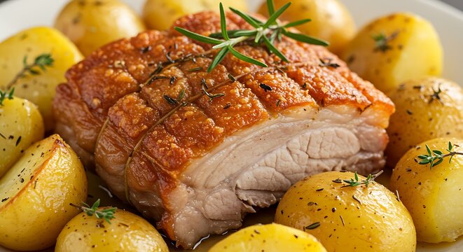 Roasted pork belly with potatoes and herbs displayed on a white plate
