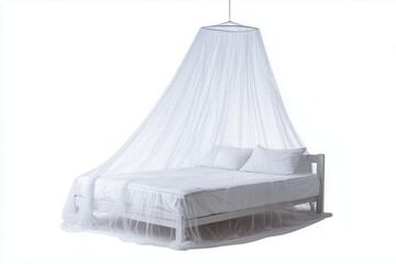 White bed with mosquito net canopy, clean minimalist bedroom setup isolated on white background.