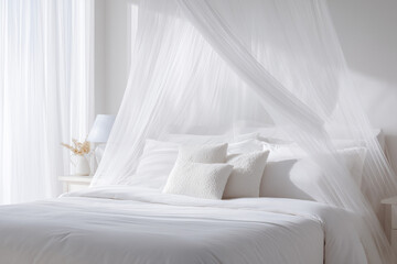 White bed with mosquito net canopy, clean minimalist bedroom setup isolated on white background.