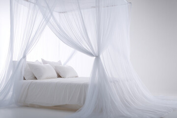 White bed with mosquito net canopy, clean minimalist bedroom setup isolated on white background.