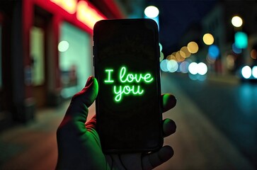 Person holding phone with neon I love you sign in dark city street
