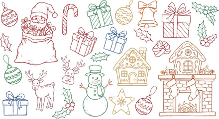Vector art of christmas themed doodles with santa, snowman, reindeer, gifts, and gingerbread house
