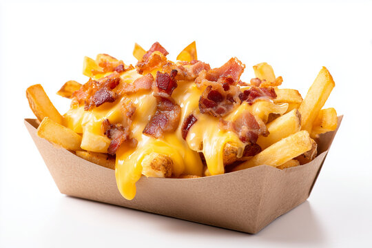 French fries with melted cheese and crispy bacon in a paper tray, isolated on white background.