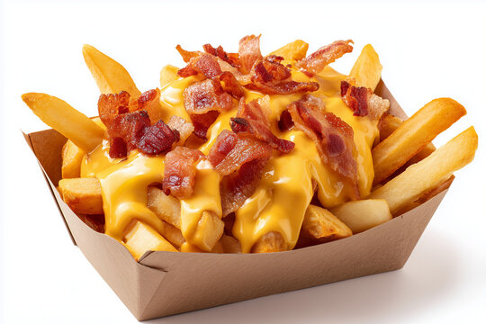 French fries with melted cheese and crispy bacon in a paper tray, isolated on white background.