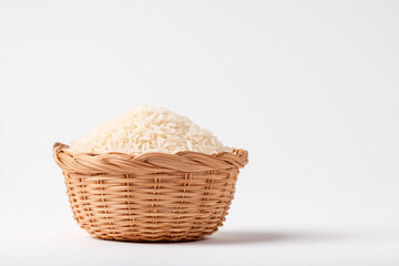 Basket full of uncooked white rice on white background, isolated on white background.