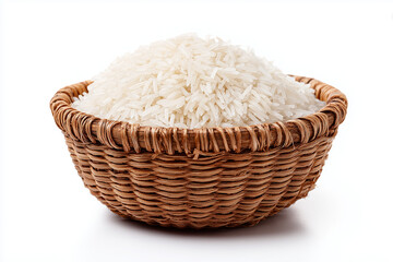 Basket full of uncooked white rice on white background, isolated on white background.