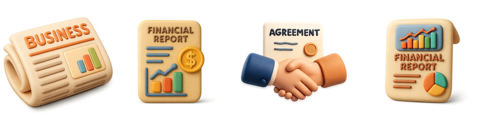 set of 3d icon business newspaper, financial report, agreement handshake, and annual report illustration – png 3d icon