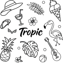 Black and White Tropic Doodle Composition Featuring Summer Themed Icons Such as Pineapple, Flamingo, Palm Leaves and Other Tropical Elements