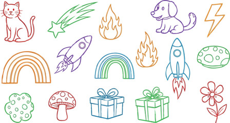 Naklejka premium Vector art of assorted handdrawn icons including animals, rockets, and rainbows