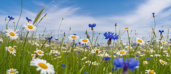 Field of white daisies and blue cornflowers under a blue sky meadow wildflowers © Emon