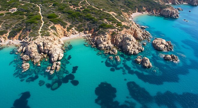 Coastal landscape aerial view of a beach with turquoise waters and rock formations