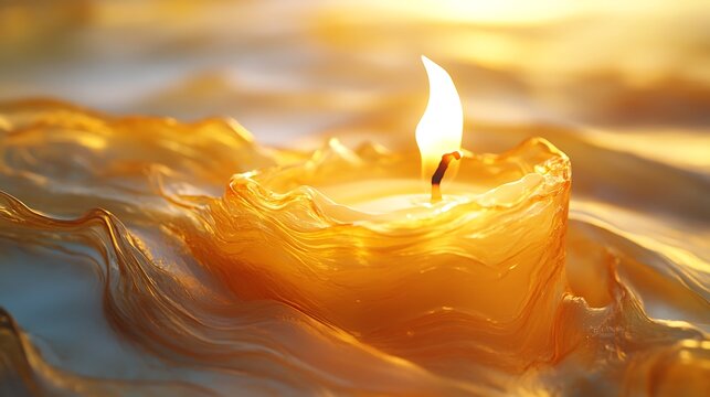 Amber candle flame radiating light on translucent ethereal golden surface