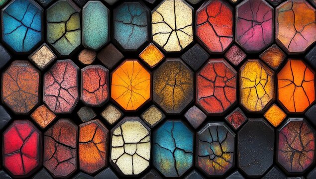 Cracked, colorful octagons tile a textured, mosaic pattern