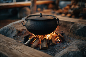 Old cast iron pot cooking over an open fire with wooden logs, rustic outdoor kitchen scene symbolizing tradition, camping, and simple living.