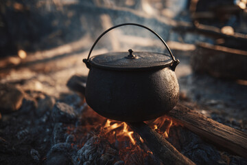 Old cast iron pot cooking over an open fire with wooden logs, rustic outdoor kitchen scene symbolizing tradition, camping, and simple living.