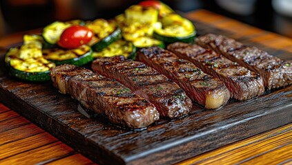 Grilled steak slices and zucchini on wooden board, close-up