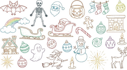 Vector art of holiday doodle pattern with christmas and halloween elements
