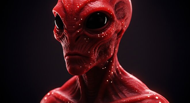 Detailed portrait of a red alien creature with large black eyes and textured skin
