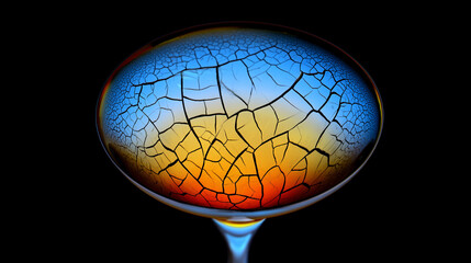 An abstract visualization of a vibrant colorful cocktail glass slowly cracking and draining of its color against a dark background.