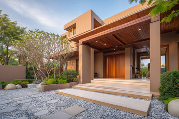 Modern two-story house with large glass windows and wooden exterior panels, surrounded by trees and greenery. The architecture features a minimalist design with a flat roof and attached garage.