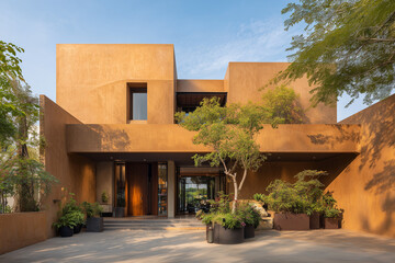 Modern two-story house with large glass windows and wooden exterior panels, surrounded by trees and greenery. The architecture features a minimalist design with a flat roof and attached garage.