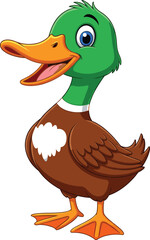 Cartoon duck character, green head, smiling bird, colorful feathers, cute animal illustration, children’s book, webbed feet, cheerful pose, isolated white background
