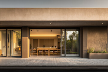Modern two-story house with large glass windows and wooden exterior panels, surrounded by trees and greenery. The architecture features a minimalist design with a flat roof and attached garage.
