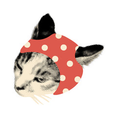 Art collage clipart. Halftone cut out cat head in red polka dot bonnet, funny Christmas costume. Vintage dotted sticker, Modern retro grunge mixed media vector illustration on transparent background