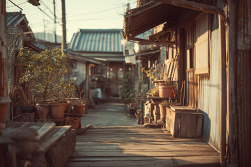 Traditional Japanese residential street with wooden houses, potted plants, and mountain view under blue sky. Peaceful small-town neighborhood in Japan with bright sunlight and clear weather.