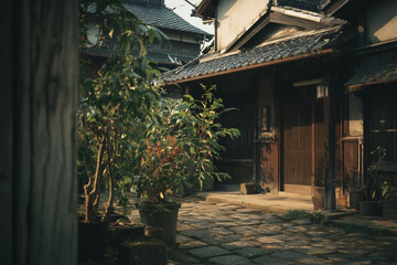 Peaceful countryside scene with a traditional wooden hut overlooking green rice fields under soft morning light. Tropical rural landscape with lush tree.
