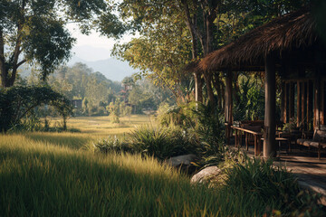 Peaceful countryside scene with a traditional wooden hut overlooking green rice fields under soft morning light. Tropical rural landscape with lush tree.
