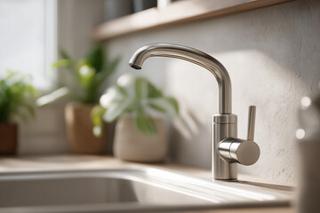 Modern stainless steel kitchen faucet with soft natural light shining through the window. Minimalist sink design with green houseplants in the background, creating a clean and cozy home interior.
