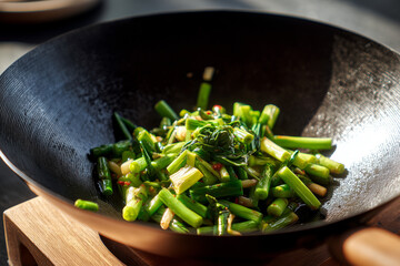 Chef cooking stir-fried vegetables in a hot wok with flames rising, creating a dramatic scene in a professional kitchen. Asian cuisine concept showing high heat, fresh ingredients, and motion.