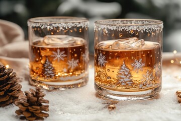 Fototapeta premium whiskey glasses with Christmas decorations.