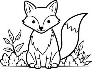Vector art of cute cartoon fox outline for coloring book, sitting among bushes and leaves