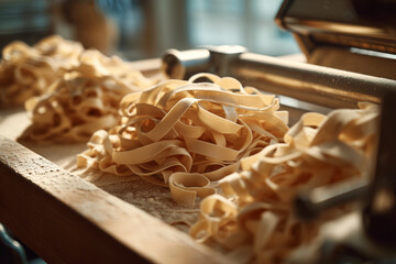 Fresh homemade pasta tagliatelle on a wooden board in a rustic kitchen, ready for cooking. Warm natural light highlights the texture of the dough and traditional Italian culinary craftsmanship.