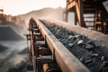 Industrial conveyor belt transporting rocks and stones at a mining site, close-up detail symbolizing heavy industry, resources, and raw material production.