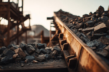 Industrial conveyor belt transporting rocks and stones at a mining site, close-up detail symbolizing heavy industry, resources, and raw material production.