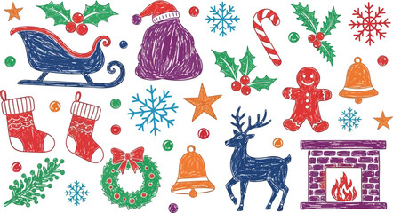 Vector art of collection of colorful christmas icons and symbols