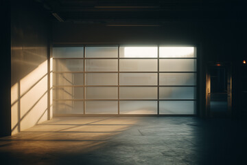 Empty industrial garage interior with concrete floor and large glass door illuminated by warm sunlight. Minimalist architecture concept showing clean lines, space, and morning light through.