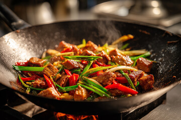 Close-up of sizzling meat being stir-fried in a wok with flames and steam rising in a rustic kitchen. Authentic Asian cooking scene with rich colors, heat, and motion