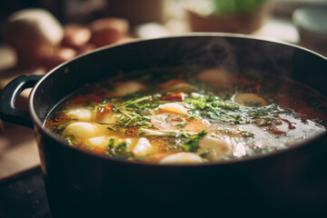 Hot homemade beef stew with potatoes and carrots served in a rustic cast iron pot, garnished with herbs and bathed in warm natural light.