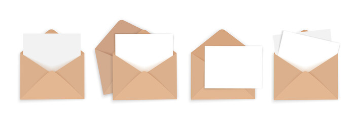 Brown envelope with white letter, set of blank templates for design. Letter mockup on transparent background.